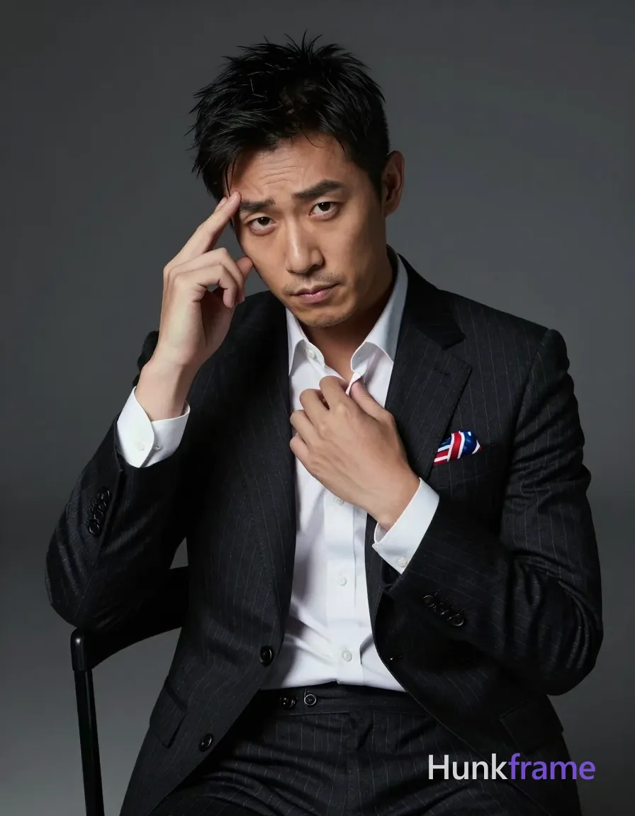Asian adult man with fair to light tan skin and black short textured hair in a tasteful suggestive framing; He sits on a black chair, leaning slightly forward while left hand touches right temple near eyebrow and right hand adjusts collar of white dress shirt under suit jacket; Wearing dark pinstripe single-breasted suit jacket with notched lapel, visible red/white/blue striped pocket square, cuffs peeking out from sleeves; Fully clothed adult male torsoState; Sculpting light highlights the slim build physique against a dark gray gradient background; Dramatic directional lighting from upper-left creates strong shadows on right side of face and body; Shallow depth of field with sharp focus on facial expression and gesture; Minimalist composition emphasizing restrained emotion, serious contemplative gaze directed forward; single clean uninterrupted photograph with a cohesive editorial composition and plain continuous surrounding surfaces