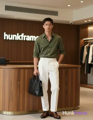 Asian man with short dark textured hair and clean-shaven face stands upright in a luxury retail inte