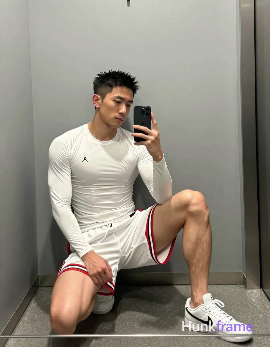 Asian man with light-medium skin and short black textured spiky hair, clean-shaven face in mirror selfie pose seated sideways against gray wall; He wears a white long-sleeve compression shirt with small chest logo and white basketball shorts featuring red/black Jumpman trim on thigh; Left knee raised flexing sole of shoe, right leg extended forward; torso leans slightly toward camera holding black smartphone in right hand; Full-body shot 13:19 portrait orientation capturing head to feet within narrow elevator or locker room space with metallic door frame visible; Soft ambient indoor lighting emphasizes defined lean muscle anatomy and athletic posture against minimalist gray backdrop for gym photography aesthetic; single clean uninterrupted photograph with a cohesive editorial composition and plain continuous surrounding surfaces