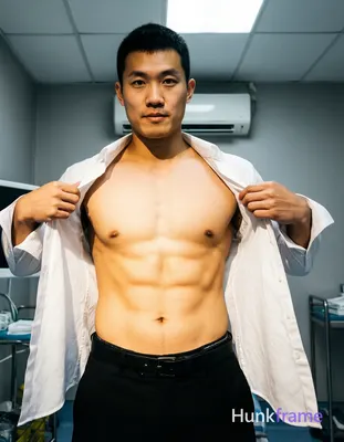 Asian man with short black hair and clean-shaven face stands facing camera in a clinical room, pulli