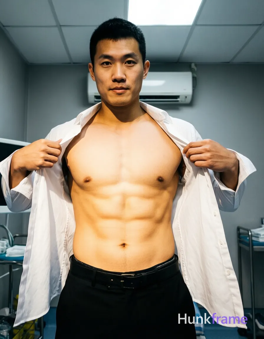 Asian man with short black hair and clean-shaven face stands facing camera in a clinical room, pulling open an unbuttoned white shirt worn off shoulders to expose bare chest and abdomen. Athletic build with defined abs visible against light-medium skin tone. Black trousers with belt at hip level reveal waistband; no socks or shoes shown. Bright overhead lighting casts sharp shadows on the gray walls and air conditioner unit in background. Vertical portrait crop, centered composition, phone-camera aesthetic with slightly soft focus capturing a candid iPhone rear-camera snapshot energy., a single uninterrupted photograph only, no written words or typography anywhere in frame, no captions, no app UI, no social-media post layout, no screenshot borders