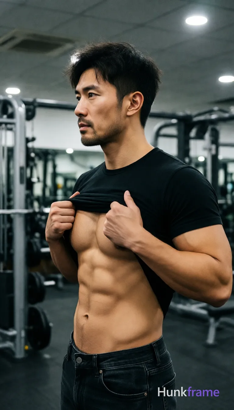 Photograph of exactly 1 adult man. Man 1: Asian, light-medium, oval with defined jawline, short dark hair, slightly tousled texture, side parting visible, clean-shaven with slight stubble on chin and jawline. Man 1 has fully exposed eyes, eyebrows, temples and nose bridge. Asian man with light-medium skin, defined pectoral muscles plus six-pack abs. Standing in profile facing left mirror while pulling black t-shirt up to expose chest. Black crew-neck shirt partially lifted over dark denim jeans with visible belt loops. Vertical portrait crop showing subject occupying majority of frame space center-right foreground. Indoor gym environment featuring weight racks, exercise equipment in background behind him. Overhead recessed lighting creating soft shadows on ceiling panels above the scene. Fine-art photography with high contrast sharp focus emphasizing sculpted musculature