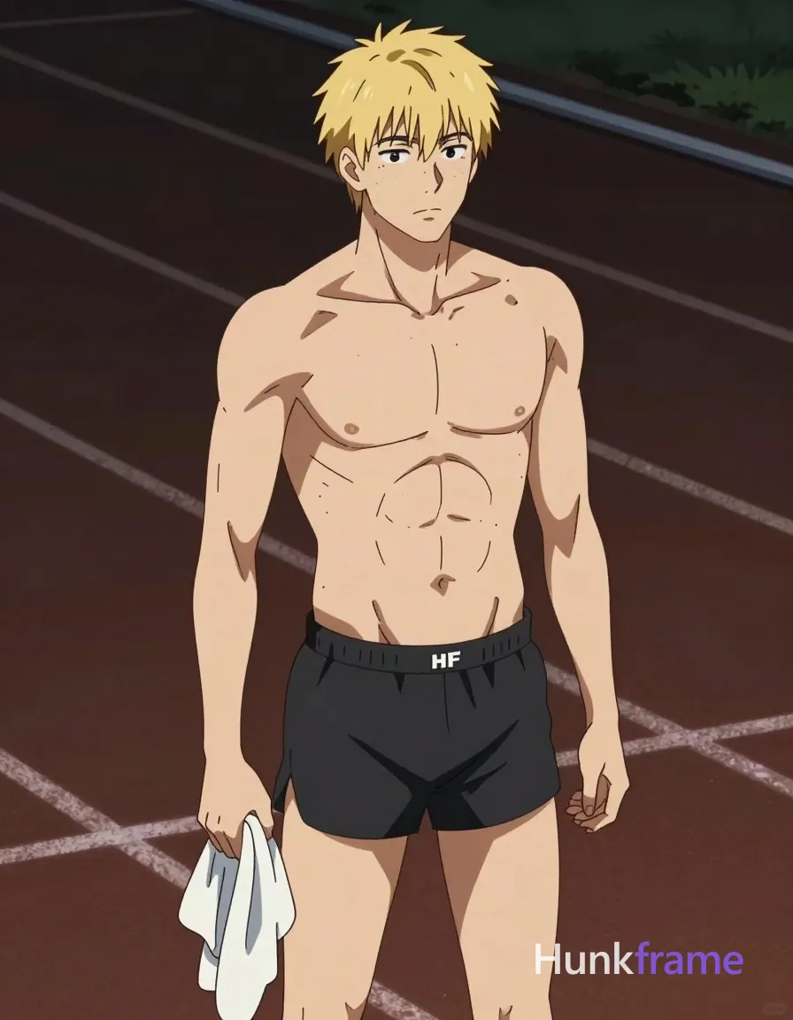 Polished anime style rendering of an adult male standing on a dark running track at night, high-angle POV shot. Shirtless torso with defined abdominal muscles and thick thighs in black athletic shorts holding a crumpled white garment near hip. Light to medium skin tone under soft directional highlights. Clean vector lines, expressive lighting, shallow depth of field focusing on lower body details. Include exactly one visible wordmark, spelled exactly "HF", as a small garment print; preserve its appropriate typography and scale. No other visible text, logo, caption, username, hashtag, comment, watermark, or UI chrome., same aesthetic theme and photo feel as the reference but a different man in a different pose with distinct body proportions, Northern European man, light freckled skin, dirty blond hair, tall lanky runner frame, a single uninterrupted photograph only, no written words or typography anywhere in frame, no captions, no app UI, no social-media post layout, no screenshot borders