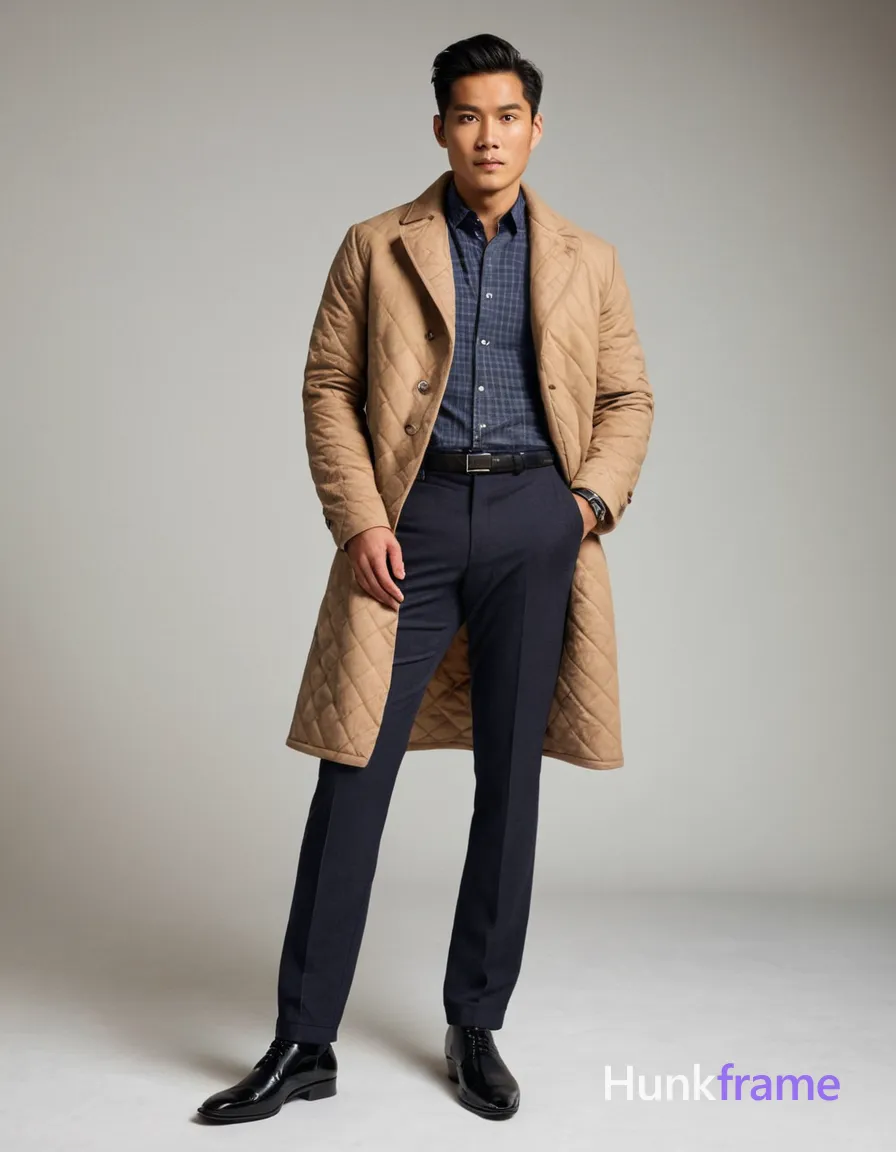An Asian man posing full-body against a plain white background in soft dramatic lighting. He wears a long, textured overcoat and tailored trousers with polished black shoes, evoking the refined elegance of classical Western oil paintings. His posture is relaxed yet confident, standing straight with hands tucked into trouser pockets, emphasizing his muscular build and sculptural form