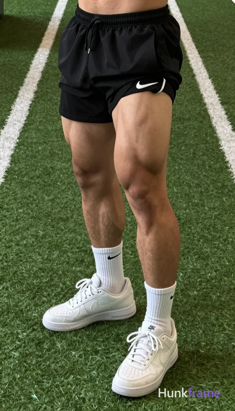 High-angle fashion editorial close-up on lower body of shirtless man with thick thighs and defined quadriceps standing right side frame. He wears black athletic shorts with white Nike swoosh, white crew socks, white sneakers. Standing legs slightly apart viewed from above behind left leg forward. Indoor gym artificial turf green floor white lines even lighting dramatic shadows sculpted physique premium masculine aesthetic., a single uninterrupted photograph only, no written words or typography anywhere in frame, no captions, no app UI, no social-media post layout, no screenshot borders
