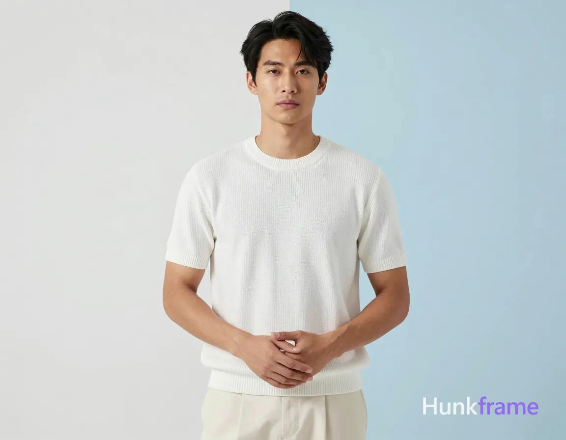 an anonymous figure man with fair to light tan skin and clean-shaven face, black medium-length textured crop cut above ears; Standing upright facing forward in a high-key studio setting against a plain two-tone background of white left panel and light-blue right; Wearing a white short-sleeve ribbed knit sweater covering torso fully with crew neck, paired with off-white tailored trousers visible from waist to mid-thigh; Hands clasped gently at lower abdomen; Shallow depth of field with sharp focus on face and upper torso, smooth skin texture rendered in fine detail under softbox-style frontal lighting creating even illumination; single clean uninterrupted photograph with a cohesive editorial composition and plain continuous surrounding surfaces