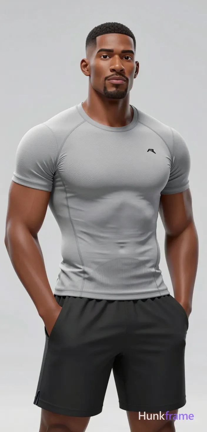 A polished anime-style illustration of an adult man with medium brown skin standing upright in a studio, hands casually in pockets. He wears a light gray short-sleeve compression shirt with a textured mesh panel across the chest and ribbed lower body, crew neck, logo on upper left chest, black athletic shorts. The vertical portrait crops from mid-chex to upper thighs against a plain light-gray seamless background. Softbox-style frontal lighting evenly illuminates his broad shoulders, defined pectorals, and visible abdominal definition within this 2.5D next-gen game art style., same aesthetic theme and photo feel as the reference but a different man in a different pose with distinct body proportions, Black man, deep brown skin, cropped hair, broad shoulders, boxer physique not bodybuilder, a single uninterrupted photograph only, no written words or typography anywhere in frame, no captions, no app UI, no social-media post layout, no screenshot borders