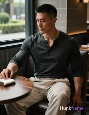 Photograph of exactly 1 adult man. Man 1: Asian, medium-tan, square-jawed with d