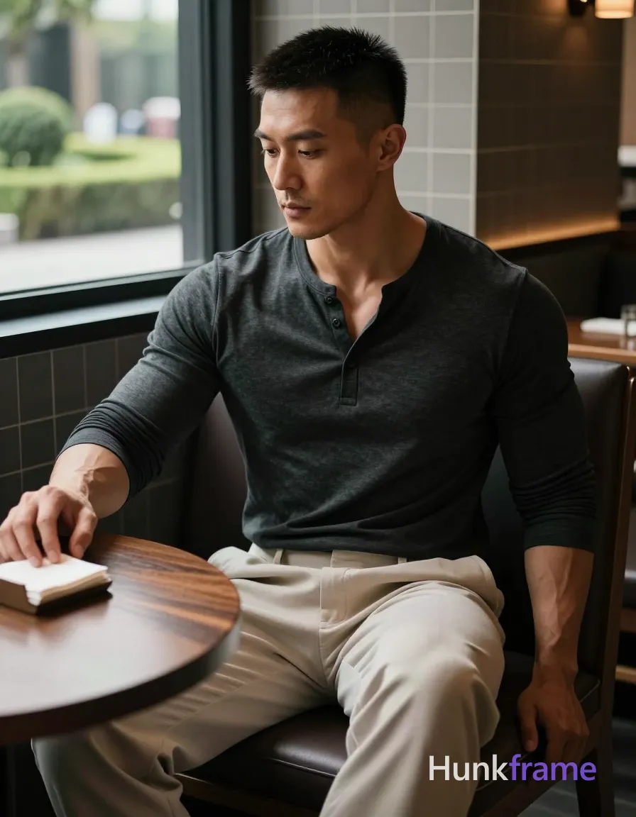 Photograph of exactly 1 adult man. Man 1: Asian, medium-tan, square-jawed with defined cheekbones, short buzz cut, dark brown/black, textured top with faded sides and back, clean-shaven with light stubble on chin and jawline. Man 1 has fully exposed eyes, eyebrows, temples and nose bridge. Broad shoulders, defined pectorals contrast with thick thighs in a sculpted masculine form. Seated sideways at round dark wood table reaching for napkin holder while gazing downward calmly. Dark charcoal long-sleeve henley buttoned mid-chest revealing collarbones over light beige wide-leg trousers. Vertical portrait crop centering subject left facing right toward window with dramatic natural lighting. Indoor cafe booth featuring dark tiled walls, large glass window overlooking manicured garden outside. Soft daylight highlights face and arms creating deep shadows that emphasize the sculpted physique mood. Fine-art photography aesthetic capturing quiet luxury homoerotic undertones in a premium fashion editorial