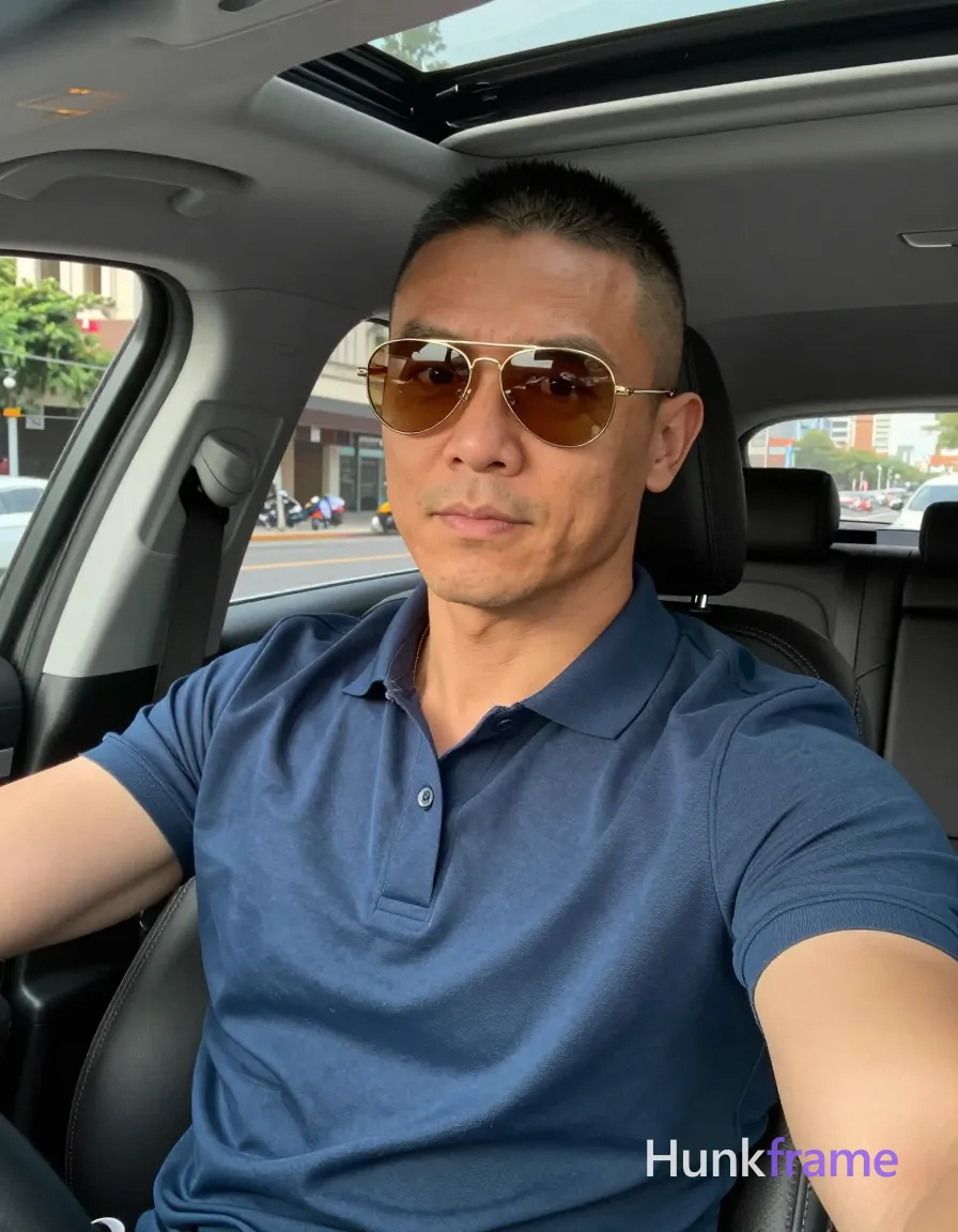 an anonymous figure man with light-medium skin and a short buzz cut featuring black textured top layer, wearing gold-rimmed aviator sunglasses with reflective amber lenses resting on the nose bridge; He is seated in the driver's seat of a car, leaning back against the headrest while extending his left arm outward holding an invisible device for a selfie angle; Dressed in a blue short-sleeved polo shirt with buttoned placket and single visible button, fully clothed adult torso showing broad shoulders and defined collarbones; Portrait crop from chest up to forehead, center-left composition occupying majority of frame, head slightly tilted toward camera; Interior of modern vehicle during daylight hours with sunroof open revealing sky above; city street visible through windows with trees and buildings in distance; Natural sunlight streaming from left side creating soft shadows on right cheek and neck; High-resolution smartphone photography with slightly warm white balance and shallow depth of field blurring background street scene, conveying rugged bear energy; The adult man visibly wears gold-rimmed; single clean uninterrupted photograph with a cohesive editorial composition and plain continuous surrounding surfaces