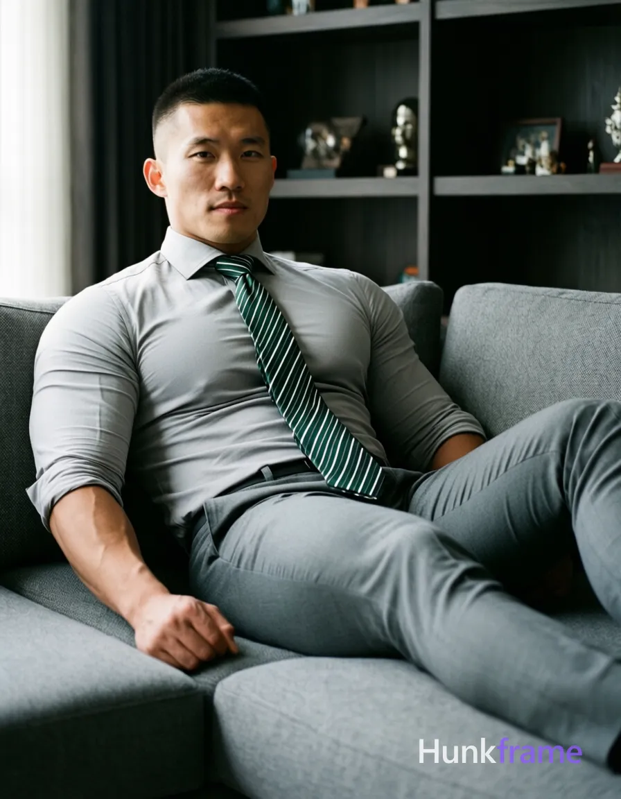 Asian man with short buzz cut and clean-shaven face reclining on a gray sectional sofa, torso angled right; He wears a tight-fitting light-gray long-sleeve dress shirt with sleeves rolled to mid-forearm, dark green-and-white diagonal-striped necktie knotted at collar, matching gray slim-fit trousers; Broad shoulders, defined pectorals, toned abdominal muscles visible through fabric; thick thighs prominent as legs extended forward and crossed at ankles exposing groin area slightly; Modern apartment interior with dark wood shelving displaying collectibles in background; Soft directional ambient light from left creates subtle shadows on right torso; Shallow depth-of-field focus, minimalist aesthetic, confident strength; single clean uninterrupted photograph with a cohesive editorial composition and plain continuous surrounding surfaces