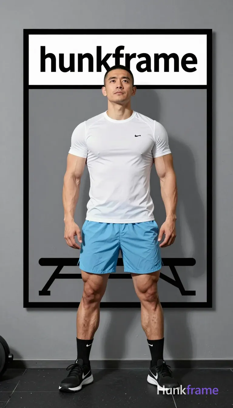 an anonymous figure adult man with short buzz cut black hair and clean-shaven face, neutral contemplative gaze upward; Standing upright in bold flat-color poster wall art graphic design style within indoor gym setting featuring grey walls and weight bench background; Wearing white fitted short-sleeve t-shirt with small logo on chest, light blue athletic shorts reaching mid-thigh emphasizing thick thighs, black crew socks with white Nike swoosh, black athletic sneakers; High-contrast color blocking of white shirt against light blue shorts and grey environment; Vertical portrait orientation 13:19 aspect ratio; FULL TEXT REPLACEMENT: remove every original source word, sentence, slogan, logo, and partial spelling from the text-bearing area, then replace it with only the wordmark, spelled exactly "hunkframe" on the sign in the composition; This is replacement; Preserve appropriate typography and scale; No other visible text, logo, caption, username, hashtag, comment, watermark, or UI chrome; single clean uninterrupted photograph with a cohesive editorial composition and plain continuous surrounding surfaces