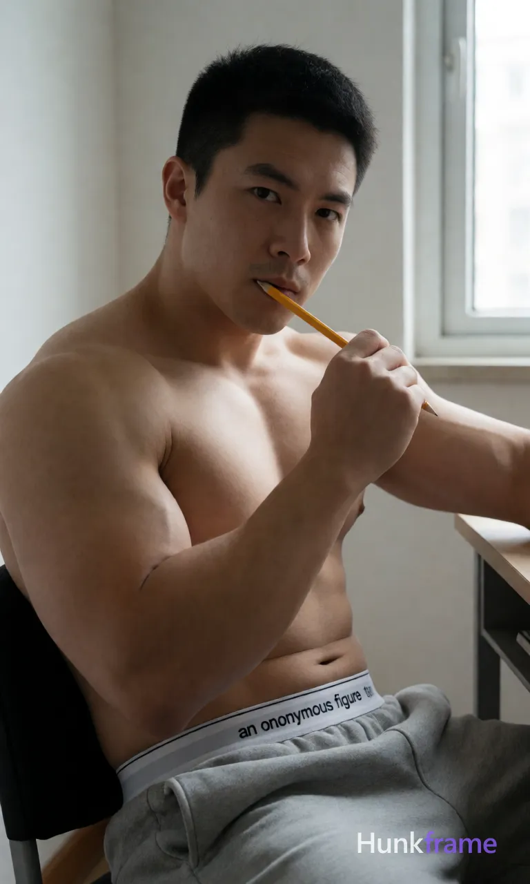 Heavily muscular adult man with substantial muscle mass, wide shoulders, thick neck, large chest and arms, powerful thighs, and dense bodybuilding proportions; Asian man with light-medium skin and short dark black hair, clean-shaven smooth chin; Shirtless upper body revealing highly muscular build, defined pectorals, deltoids, abdominal definition, prominent arm vascularity; Seated at desk leaning forward slightly, right hand holding yellow wooden pencil between lips and lower lip while left arm extends out of frame; Wearing grey an anonymous figure sweatpants with white waistband displaying 'an anonymous figure' text; Indoor room with light-colored walls and window on right providing natural daylight creating soft shadows; Portrait composition occupying right two-thirds of frame; head positioned left-center looking toward camera; Athletic photography, defined anatomy, dramatic directional light, confident strength; single clean uninterrupted photograph with a cohesive editorial composition and plain continuous surrounding surfaces