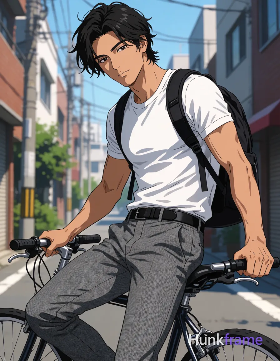 Asian man with light-medium skin, clean-shaven face and black medium-length tousled hair parted on the side; He is seated on a bicycle in an urban Japanese street setting, leaning back slightly while gripping handlebars with both hands, head turned to look at camera from behind wearing white fitted short-sleeved t-shirt and grey slim-fit trousers with subtle textured pattern plus black belt and backpack; Vertical 13:19 crop framing head-to-mid-thighs centered on subject occupying majority of frame bicycle partially visible below bright daylight casting sharp shadows natural outdoor lighting realistic fabric textures confident masculine posture polished anime style high-quality character rendering athletic anatomy expressive face, same aesthetic theme and photo feel as the reference but a different man in a different pose with distinct body proportions, Mixed Afro-Latin man, caramel skin, locs, long limbs dancer posture; single clean uninterrupted artwork with a cohesive composition and plain continuous surrounding surfaces