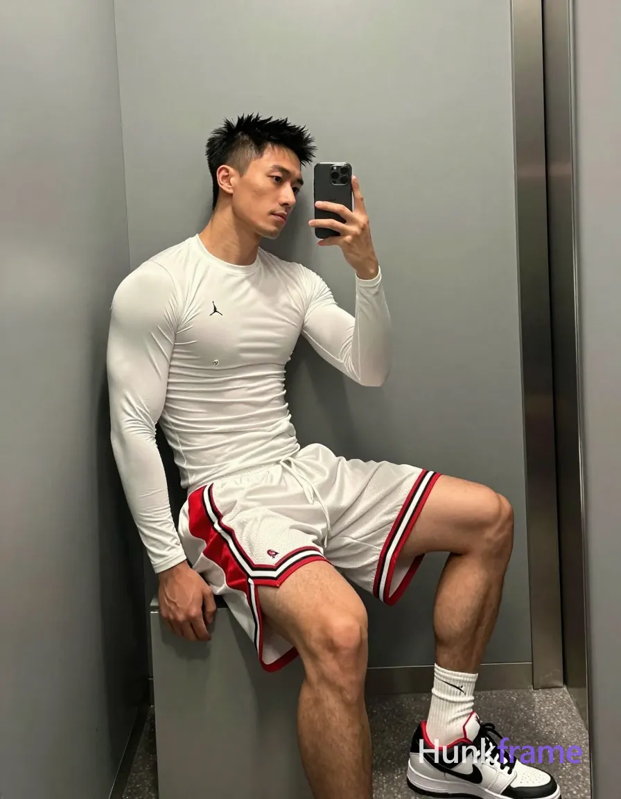 Asian man with light-medium skin and short black textured spiky hair, clean-shaven face in mirror selfie pose seated sideways against gray wall; He wears a white long-sleeve compression shirt with small chest logo and white basketball shorts featuring red/black Jumpman trim on thigh; Left knee raised flexing sole of shoe, right leg extended forward; torso leans slightly toward camera holding black smartphone in right hand; Full-body shot 13:19 portrait orientation capturing head to feet within narrow elevator or locker room space with metallic door frame visible; Soft ambient indoor lighting highlights lean build and fabric textures against minimalist gray backdrop for premium fashion editorial aesthetic; single clean uninterrupted photograph with a cohesive editorial composition and plain continuous surrounding surfaces