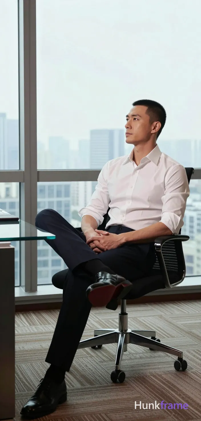 an anonymous figure man in his 30s with light to medium skin and a short black buzz cut, clean-shaven face gazing upward left. Seated in a black office chair with chrome base, leaning back slightly, hands clasped over lap. Right leg extended onto glass desk surface showing red shoe sole accent; left foot planted on brown patterned carpet. Wearing white button-down shirt sleeves rolled to elbows and dark navy dress trousers. Fully clothed lean build with defined shoulders. High contrast window light from floor-to-ceiling windows overlooking city skyline, soft interior ambient glow. Premium fashion-editorial framing, clean composition, vertical portrait 13:19 aspect ratio., same aesthetic theme and photo feel as the reference but a different man in a different pose with distinct body proportions, Chinese man, light tan skin, high cheekbones, lean wiry martial-arts physique, a single uninterrupted photograph only, no written words or typography anywhere in frame, no captions, no app UI, no social-media post layout, no screenshot borders