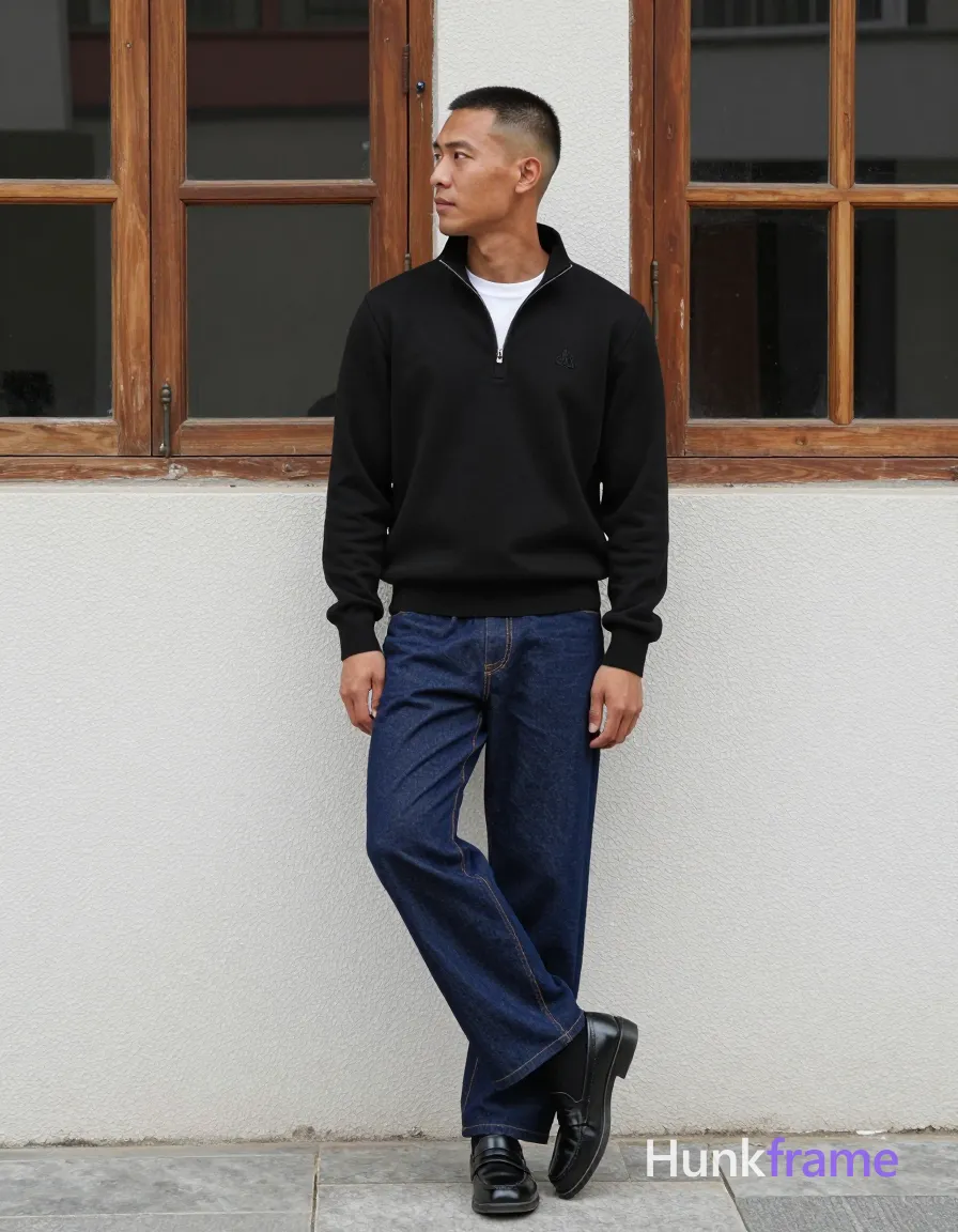 an anonymous figure man with light to medium tan skin and short textured crop-top hair, clean-shaven face in neutral contemplative gaze; Standing profile facing left, right leg crossed over left knee at mid-thigh level, right hand resting on raised ankle wearing shiny black leather loafers and black socks pulled up to mid-calf; Wearing a black quarter-zip pullover with small embroidered logo over white crew-neck t-shirt peeking from collar, dark indigo wide-leg denim jeans with visible stitching seams; Full-body wall art graphic design against textured pebble-finish wall and multi-pane wooden window structure reflecting buildings; Natural daylight provides soft shadows under chin and nose on light gray stone pavement ground; High contrast between dark clothing and lighter architectural backdrop focusing on silhouette posture rather than facial detail; single clean uninterrupted photograph with a cohesive editorial composition and plain continuous surrounding surfaces