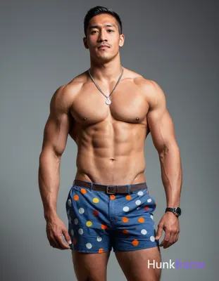 A photorealistic portrait of a handsome, muscular male standing with his head slightly tilted to one