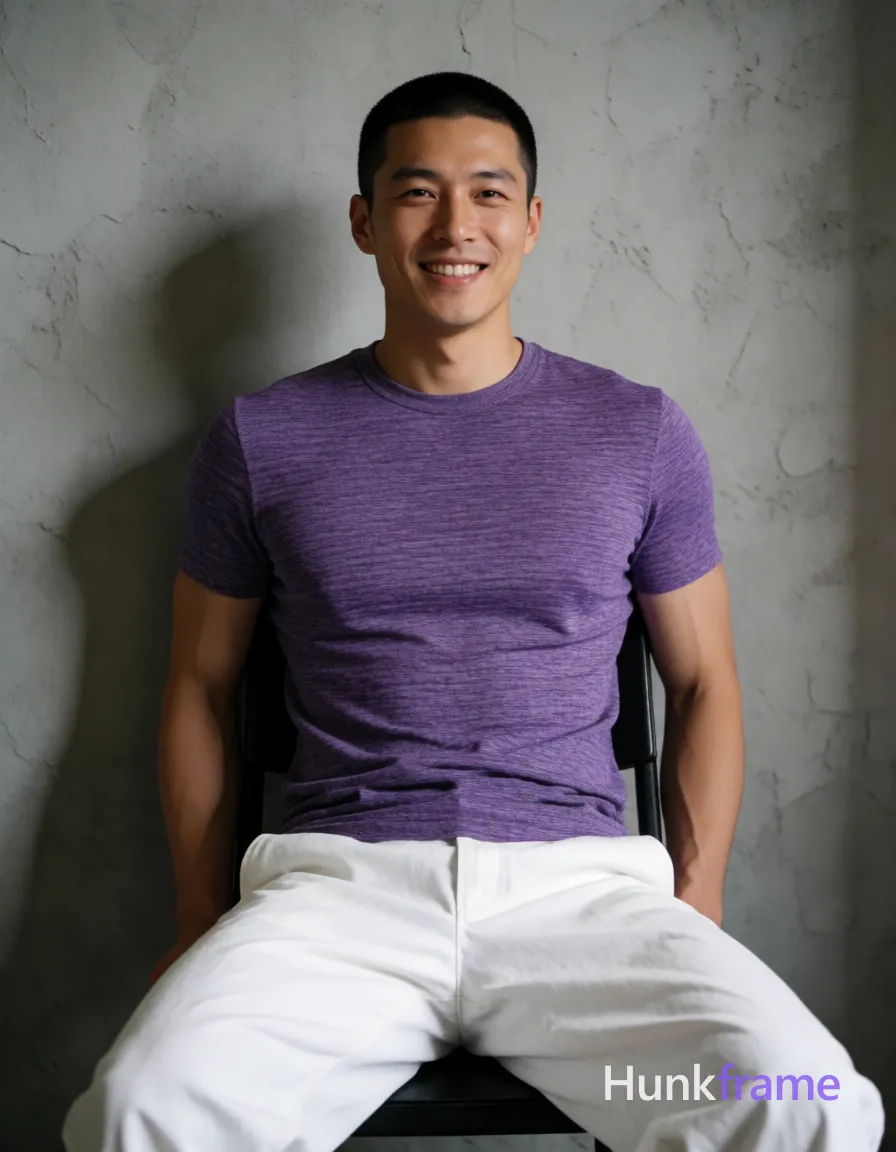 Asian man with short buzz cut and clean-shaven face smiling, seated upright on a black chair against a textured gray wall; He wears a snug purple marled crew-neck t-shirt revealing broad shoulders and defined pectorals, paired with loose white pants; His torso is relaxed while his head turns slightly to the viewer's right; Soft directional light from the left creates subtle shadows in an indoor setting that feels like a candid Xiaohongshu lifestyle feed; single clean uninterrupted photograph with a cohesive editorial composition and plain continuous surrounding surfaces
