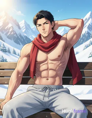 Asian man with short black hair and clean-shaven face seated on a wooden bench in an outdoor snowy m