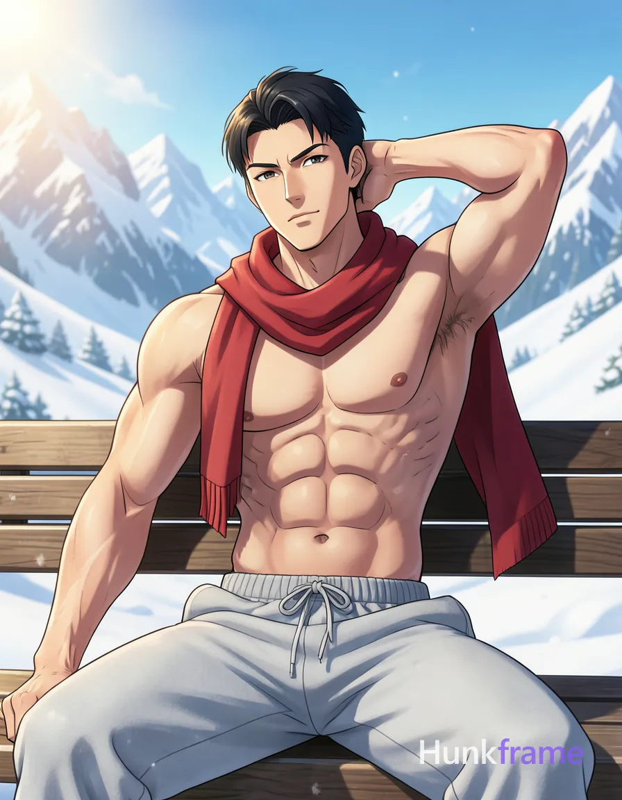 Asian man with short black hair and clean-shaven face seated on a wooden bench in an outdoor snowy mountain landscape. He is shirtless, displaying muscular chest, defined abs, visible vascularity, wearing light grey sweatpants with a red scarf wrapped around neck and shoulders. Left arm rests on thigh; right hand behind head with forearm raised. Waist-up portrait centered framing captures bright sunlight from upper left casting strong shadows on torso against white snow background. High-detail skin texture emphasizes sculpted physique in cold-weather contrast rendered as polished anime 2.5D next-gen game art., a single uninterrupted photograph only, no written words or typography anywhere in frame, no captions, no app UI, no social-media post layout, no screenshot borders