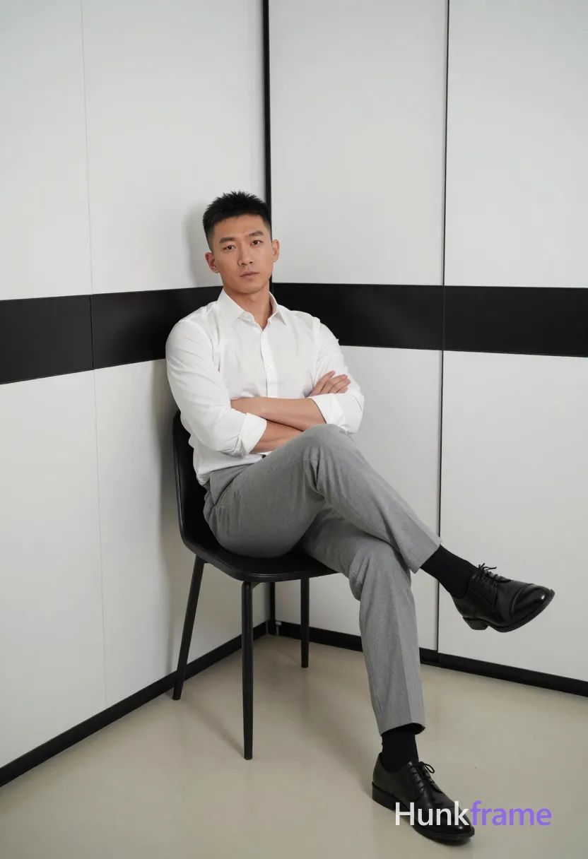 Asian man with short black hair and clean-shaven face, neutral direct gaze seated on a black chair in a corner. He leans back against the wall with arms crossed over chest, left leg extended forward and right leg bent at knee resting on floor. Wearing white long-sleeve button-up shirt collar open, light grey tailored trousers, black socks, black leather dress shoes. Fully clothed adult lean build physique. Indoor minimalist room with white paneled walls and black horizontal accent strip, light-colored floor. Soft directional lighting from right side creating subtle shadows on left wall and chair leg. Clean lines, high contrast between black/white elements, sharp focus, full-body vertical centered composition leaning against left wall corner., a single uninterrupted photograph only, no written words or typography anywhere in frame, no captions, no app UI, no social-media post layout, no screenshot borders