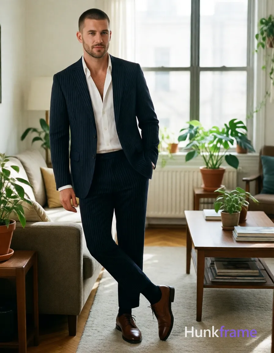 an anonymous figure man with short buzz cut and light stubble stands casually in a sunlit apartment living room, wearing an open dark navy pinstripe suit jacket over a white dress shirt with top two buttons undone to reveal collarbone; He wears matching trousers, black crew-neck socks pulled high, and brown leather oxford shoes; Leaning against a sofa near a coffee table with house plants nearby, natural window light creates soft highlights on skin; Full-body vertical portrait capturing candid lifestyle vibe; single clean uninterrupted photograph with a cohesive editorial composition and plain continuous surrounding surfaces