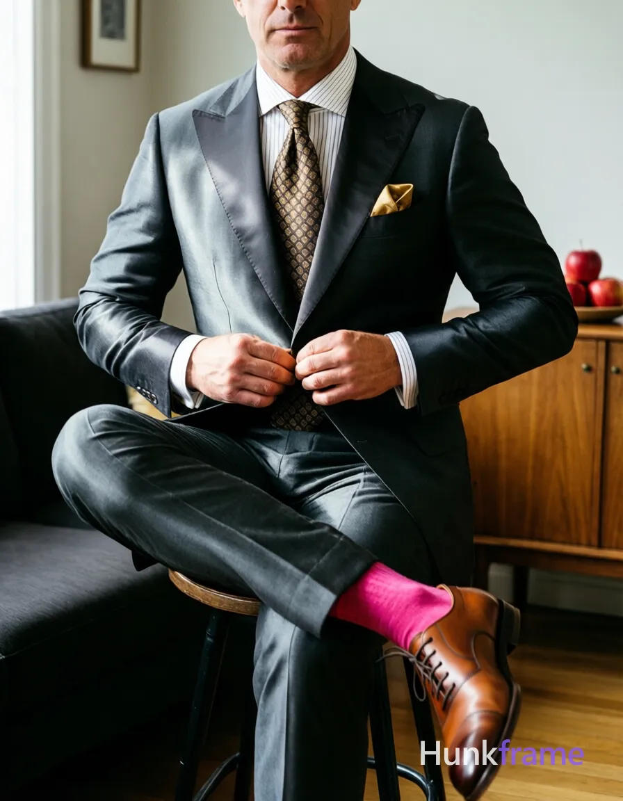 A handsome adult man with light to medium skin seated on a stool, right leg crossed over left knee. He wears a dark grey tailored suit jacket with satin-like sheen, matching trousers, white pinstriped dress shirt, patterned brown and gold tie, gold pocket square, brown leather shoe, and bright pink sock visible above trouser hem. Both hands adjust the suit buttons near waistband and chest. Indoor room setting with dark sofa to left and wooden sideboard with red apples in background. Soft directional indoor lighting from front-left creates subtle highlights on fabric. Vertical portrait crop centered at neck down to mid-shin, high-fashion editorial aesthetic., a single uninterrupted photograph only, no written words or typography anywhere in frame, no captions, no app UI, no social-media post layout, no screenshot borders
