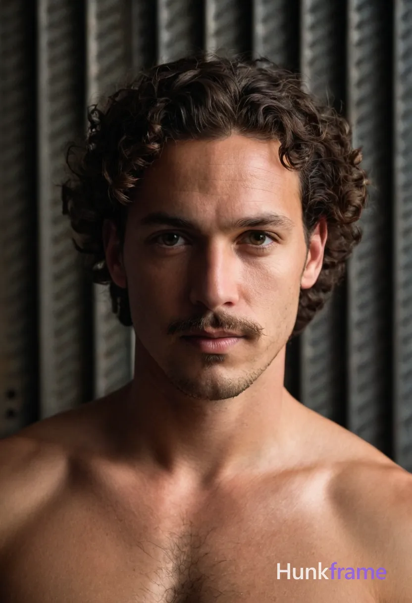 A shirtless man with curly dark hair, a mustache, and goatee stands confidently against a dark perforated metal backdrop during golden hour. The soft light casts gentle shadows on his defined muscles and chest hair. He is clothed in loose-fitting romantic attire that complements his handsome appearance without overpowering it. His athletic physique and subtle film grain add to the dreamy ethereal quality of the photograph