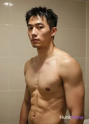 Asian man with tanned skin stands shirtless in an indoor bathroom, torso angled right and head turne