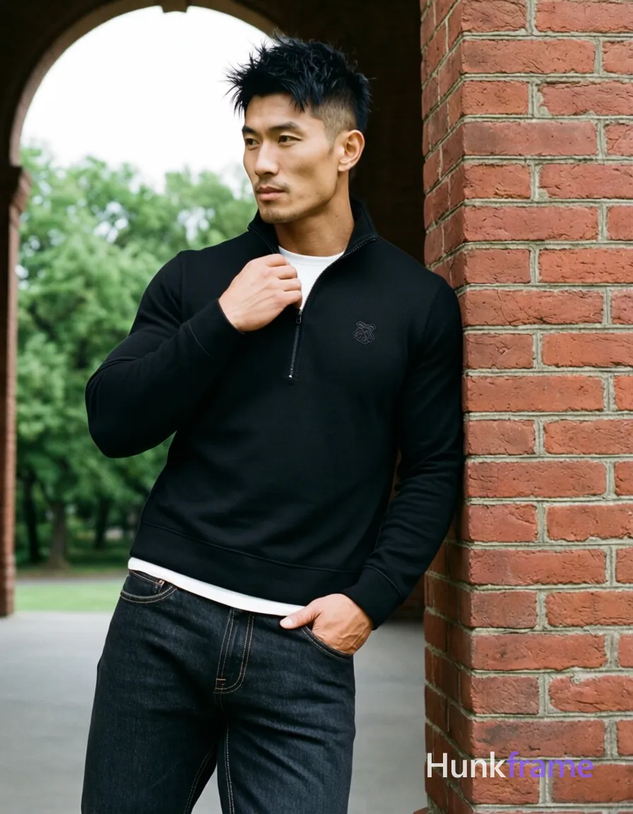 Asian man, light-medium skin, short textured black hair styled upward at the crown with tapered sides and slight flyaways, clean-shaven smooth chin; Standing upright leaning against a red brick pillar on his right side, left hand resting near hip pocket, right hand adjusting collar of black long-sleeve quarter-zip pullover with small embroidered logo on left chest; White crew-neck undershirt visible at neckline and hemline covering upper chest below neck but not the full torso; dark wash denim jeans with visible stitching along front seams from head to mid-thighs; Full-body shot vertical portrait orientation, center-left framed between brick pillar and open archway revealing green trees under overcast sky; Soft diffused daylight highlighting fabric texture and facial structure; Clean composition with strong architectural lines framing subject; Muscle bear aesthetic focusing on rugged warm confidence and lean build with defined shoulders, same aesthetic theme and photo feel as the reference but a different man in a different pose with distinct body proportions, Chinese man, light tan skin, high cheekbones; single clean uninterrupted photograph with a cohesive editorial composition and plain continuous surrounding surfaces