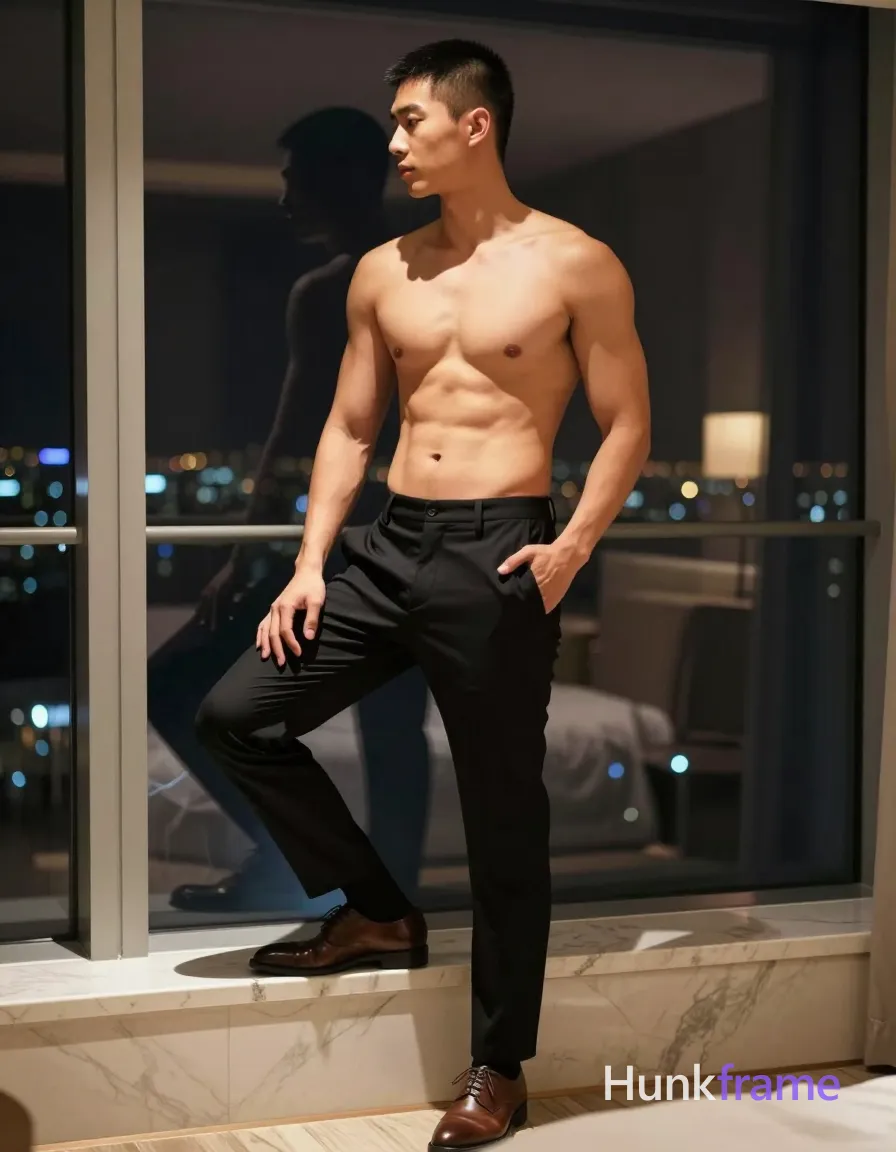 Adult man with short black buzz cut, clean-shaven face, neutral profile gaze leftward. Standing shirtless on a marble window sill ledge in a hotel room at night; right foot planted firmly, left knee bent lifting thick thighs slightly off the white bed surface. Torso angled toward camera while head turns away. Left hand inserted into front pocket of black tailored trousers, right arm relaxed along side wearing brown leather lace-up dress shoes and black socks. High-contrast chiaroscuro lighting with warm overhead fixtures casting deep shadows against dark window frames showing city skyline lights. Shallow depth of field isolates the sculpted silhouette of muscular chest, shoulders, defined abs, and thick thighs from head to mid-thighs. Candid lifestyle photography capturing a trendy influencer vibe in a premium interior setting., same aesthetic theme and photo feel as the reference but a different man in a different pose with distinct body proportions, lean Korean man, sharp jaw, monolid eyes, slim swimmer build, natural black hair, a single uninterrupted photograph only, no written words or typography anywhere in frame, no captions, no app UI, no social-media post layout, no screenshot borders