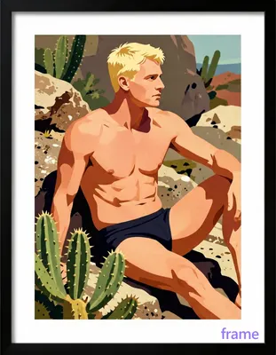 A lean white man with short light-colored hair sits on rocky ground, torso turned slightly rightward
