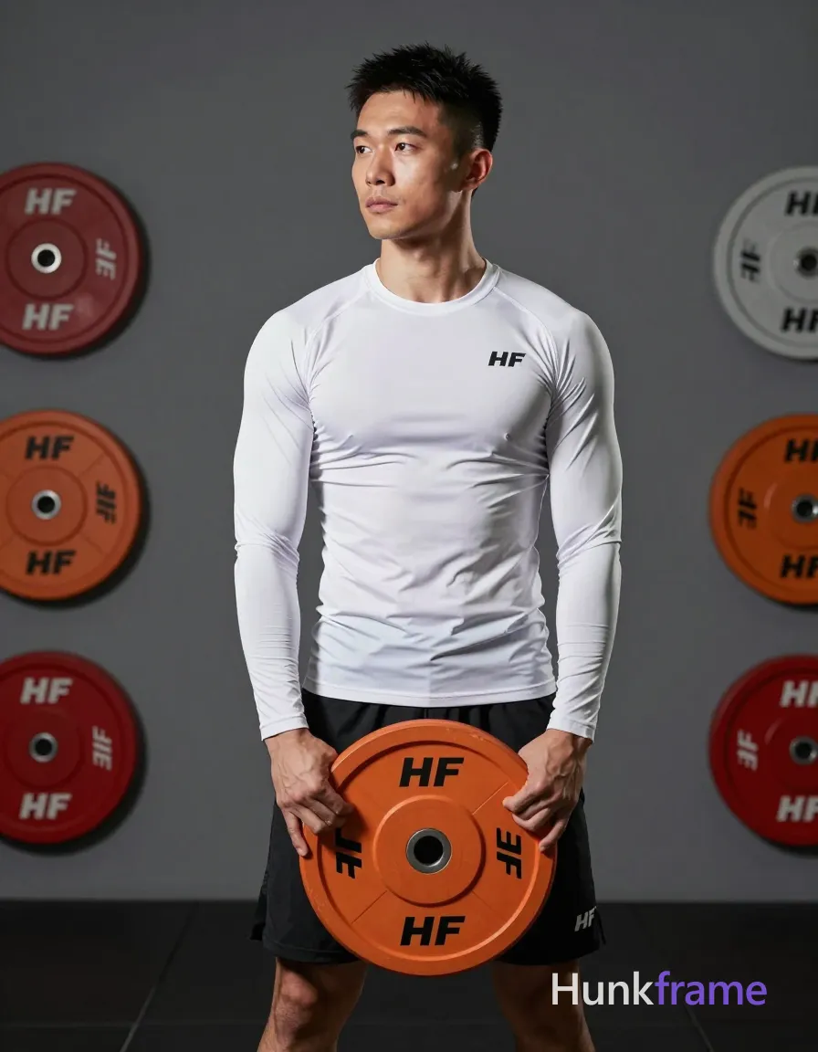 Asian man with light-medium skin, short black textured hair and faded sides, clean-shaven face, neutral serious gaze directed leftward; He stands upright in a lean muscular build holding an orange 10kg HF weight plate at waist level with both hands; Wearing a white long-sleeve compression athletic top with subtle chest paneling and small logo on the left chest; black mid-thigh shorts with a small white logo on the lower right leg; Full body shot from head to knees centered against an indoor gym background featuring gray walls and mounted red, orange, and silver HF weight plates; Soft directional lighting from front-left casts subtle shadows emphasizing torso definition; Slightly elevated camera angle captures physique details in sharp focus within a vertical 13:19 portrait composition; FULL GARMENT TEXT REPLACEMENT: remove every source garment word, sentence, slogan, logo, and partial brand spelling from every existing print area, then replace those source marks with only the wordmark, spelled exactly "HF"; This is replacement, Repeated "HF" marks are allowed only where; single clean uninterrupted photograph with a cohesive editorial composition and plain continuous surrounding surfaces