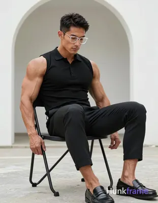 An athletic medium-dark skinned man with short textured dark hair and clear-framed rectangular glass