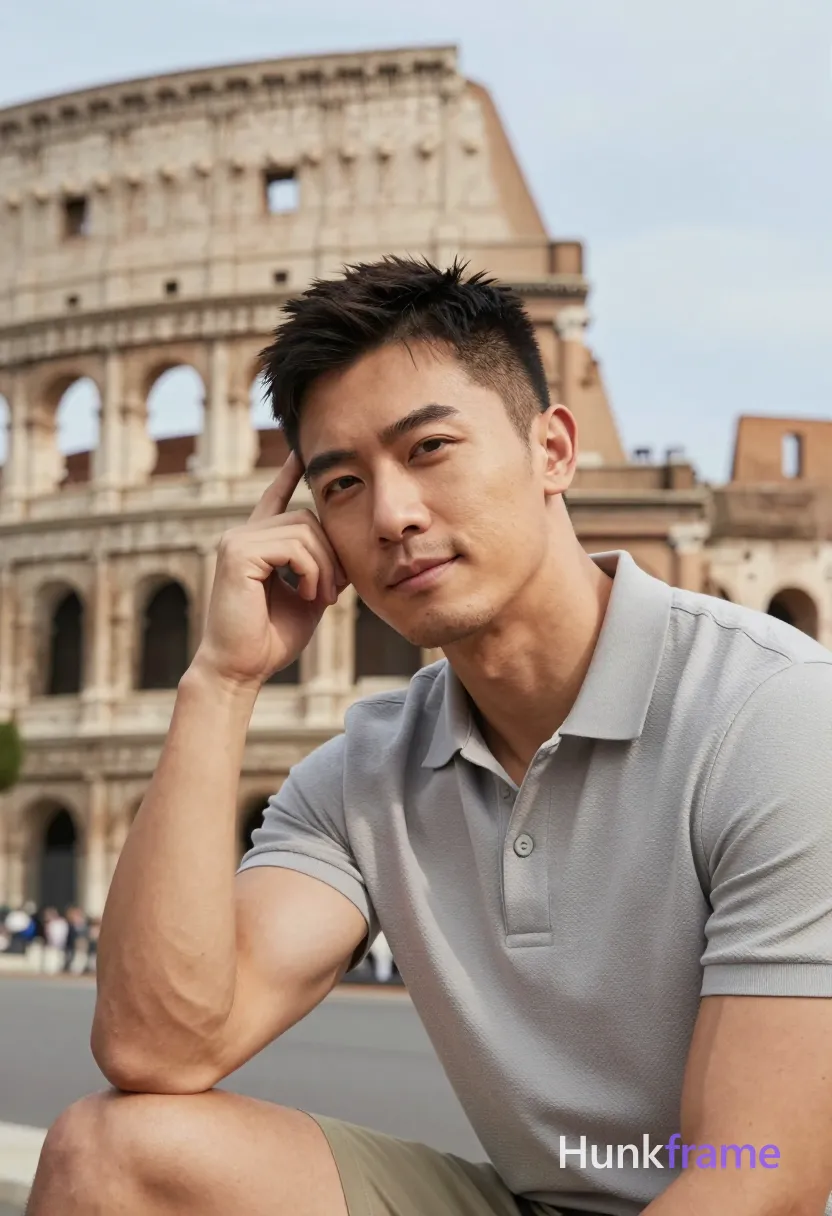 Asian man with light-medium skin and short dark hair featuring a textured top, faded sides, clean neckline; Clean-shaven face with light stubble on chin and jawline, calm composed expression with slight smile; Seated leaning left elbow on surface right hand resting against temple near ear head tilted slightly to viewer's left wearing light gray textured polo shirt fully clothed lean build occupying lower-right quadrant of frame outdoor urban plaza blurred Colosseum background clear blue sky shallow depth of field soft natural lighting warm beige stone tones muscle bear aesthetic broad shoulders rugged warm confidence serene contemplative mood portrait composition 13:19 aspect ratio; single clean uninterrupted photograph with a cohesive editorial composition and plain continuous surrounding surfaces