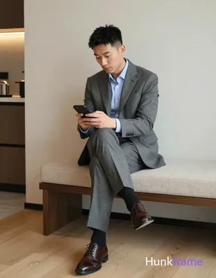 Asian man with light-medium skin and short black textured hair, clean-shaven face, seated sideways o