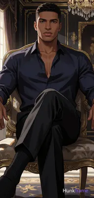 Adult man with medium-dark skin and short dark textured hair sits centered in an