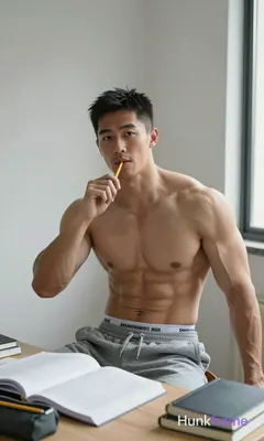 Asian man with short dark black hair and clean-shaven face, shirtless upper body