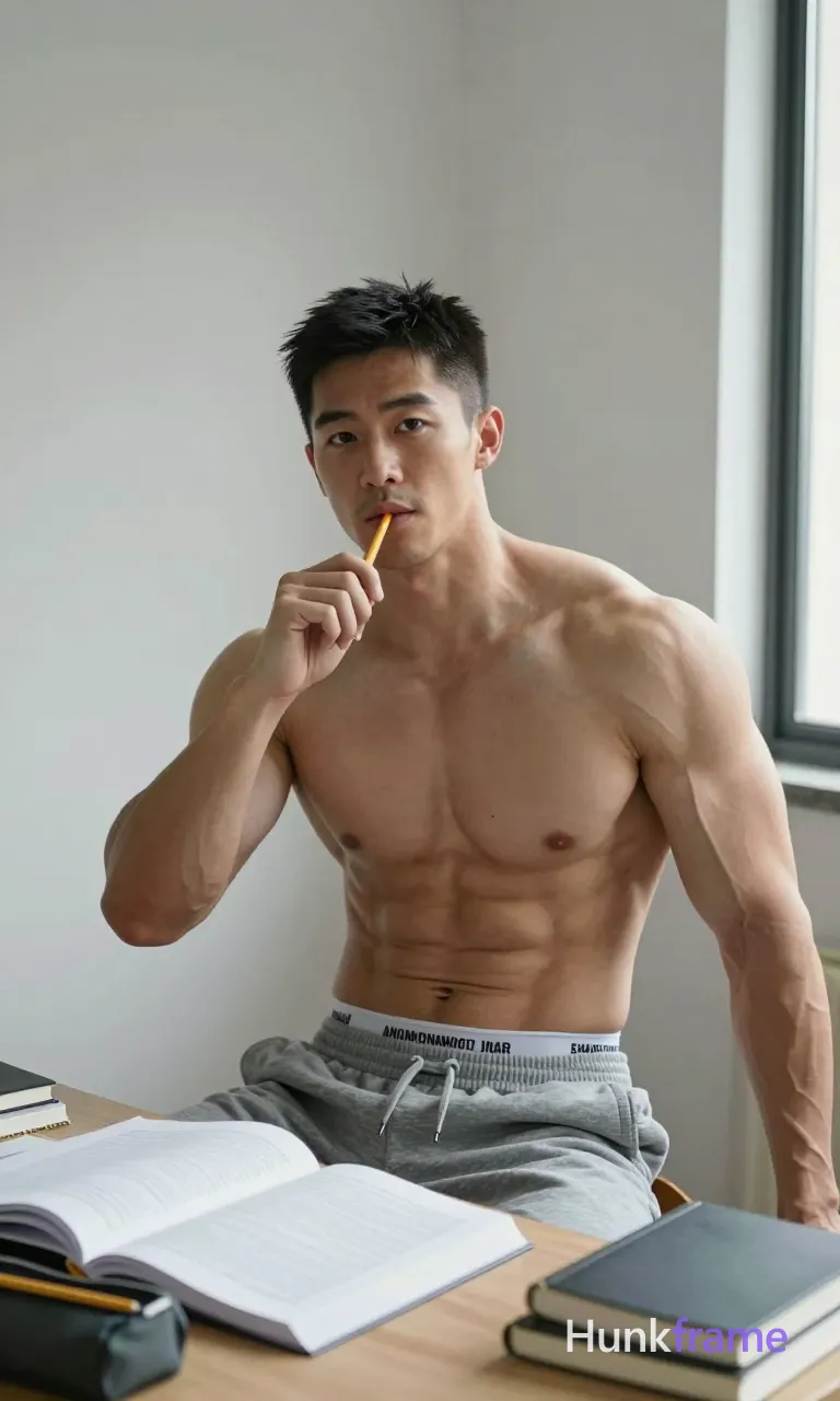 Asian man with short dark black hair and clean-shaven face, shirtless upper body revealing highly muscular pectorals, deltoids, abdominal definition, and prominent arm vascularity; He sits at a desk leaning forward slightly in right two-thirds of frame holding a yellow wooden pencil between lips and lower lip with right hand while left arm extends out of frame; Wearing grey an anonymous figure sweatpants with white waistband displaying text; Indoor room with light-colored walls, window on right providing natural daylight creating soft shadows; Desk surface holds open books, papers, pencil case, stacked notebooks; Portrait composition emphasizing neutral tones palette and studious atmosphere; single clean uninterrupted photograph with a cohesive editorial composition and plain continuous surrounding surfaces