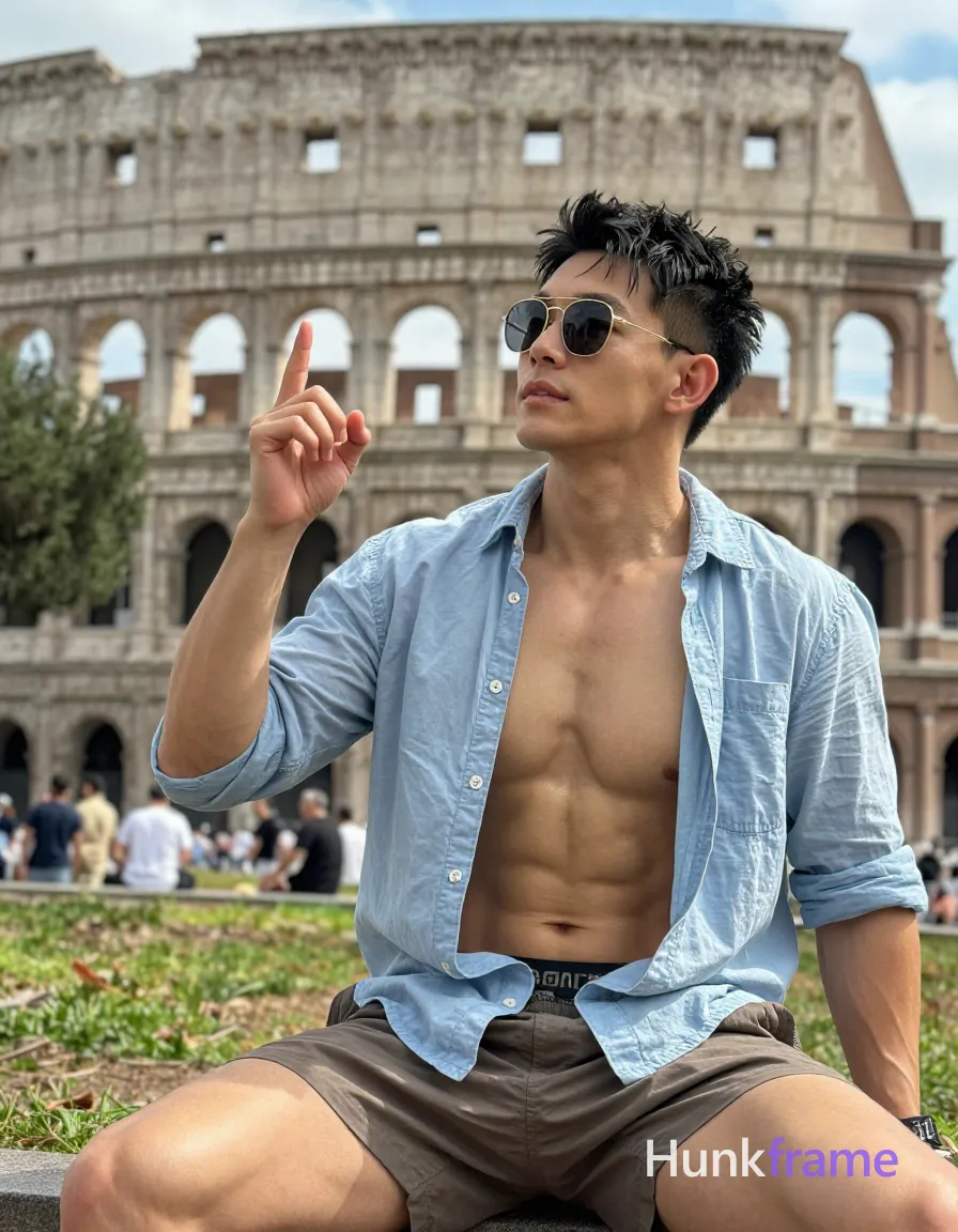 Asian man with short black textured hair and thin gold sunglasses seated center-right, shirtless wearing open light blue button-up over bare chest and brown shorts; He points upward with right index finger while left arm rests at side in a confident pose on grass before the Colosseum; shallow depth of field blurring distant crowd under bright daylight; The adult man visibly wears sunglasses with thin gold frames and dark lenses worn on face on his face; preserve the exact frame shape, rim style, color, material, and lens tint, shot on iPhone 15 Pro main camera, authentic smartphone computational photography, natural Smart HDR and true-to-life skin texture, vertical 9:16 Xiaohongshu lifestyle feed, bright clean everyday scene, unretouched phone photo with subtle sensor grain, trendy Chinese internet 网红 aesthetic, candid influencer energy; single clean uninterrupted photograph with a cohesive editorial composition and plain continuous surrounding surfaces