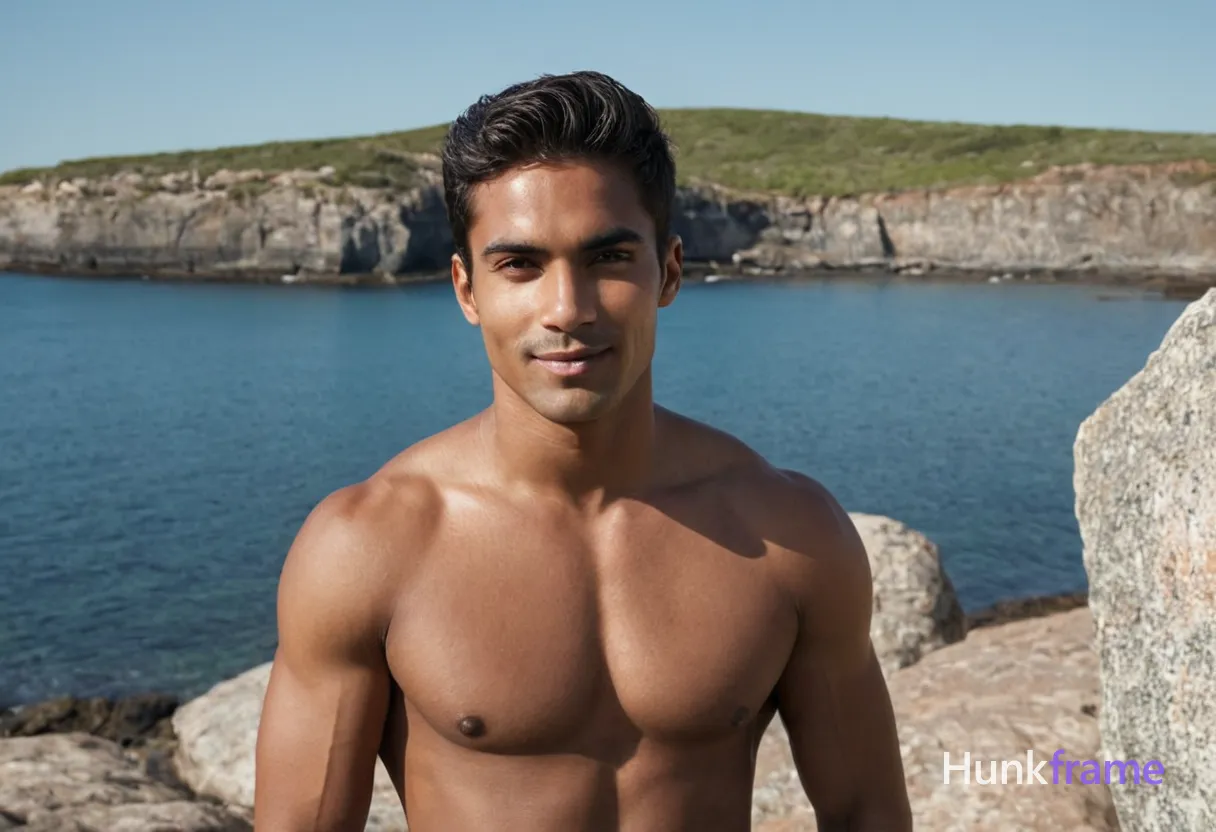 A an anonymous figure man with medium brown skin and thick brows stands on a rocky shoreline during midday. He has a lean gymnast build that is natural yet muscular, and the bright sunlight enhances the texture of his features and clothing. The calm blue waters in the background under a clear sky create a serene backdrop for this photorealistic image capturing the raw beauty of the male form