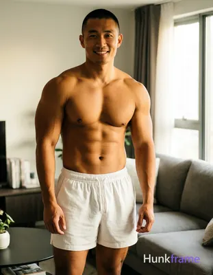 Asian man with buzz cut and clean-shaven face, tanned skin standing casually in modern apartment liv