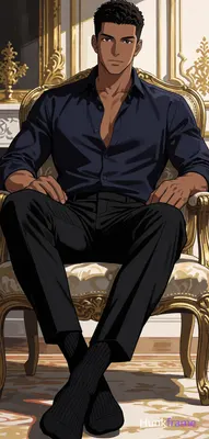 Polished anime-style illustration of an adult man with medium-dark skin and shor