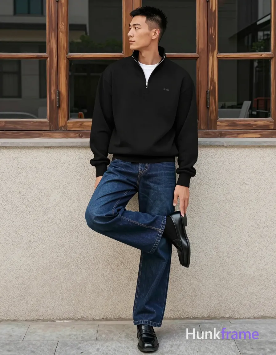 an anonymous figure man with light to medium tan skin and short textured crop-top hair, clean-shaven face in neutral contemplative gaze; Standing profile facing left, right leg crossed over left knee at mid-thigh level, right hand resting on raised ankle wearing shiny black leather loafers and black socks pulled up to mid-calf; Wearing a black quarter-zip pullover with small embroidered logo over white crew-neck t-shirt peeking from collar, dark indigo wide-leg denim jeans with visible stitching seams; Full-body anime style shot against textured pebble-finish wall and multi-pane wooden window structure reflecting buildings; Natural daylight provides soft shadows under chin and nose on light gray stone pavement ground; High contrast between dark clothing and lighter architectural backdrop focusing on silhouette posture rather than facial detail, same aesthetic theme and photo feel as the reference but a different man in a different pose with distinct body proportions, Chinese man, light tan skin, high cheekbones, lean wiry martial-arts physique; single clean uninterrupted artwork with a cohesive composition and plain continuous surrounding surfaces