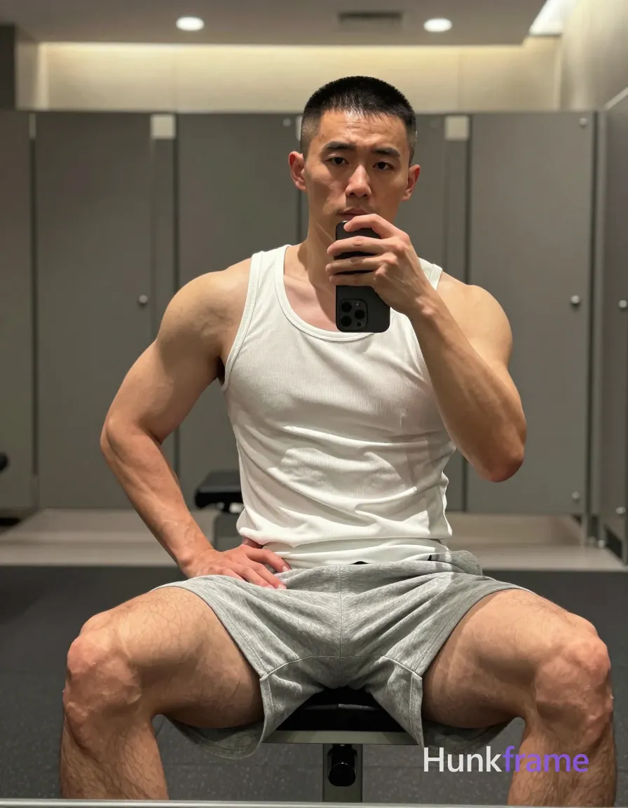 an anonymous figure adult man with short buzz cut and clean-shaven face seated in a modern gym locker room mirror reflection; He wears unobstructed face with both eyes, irises, eyebrows, temples, and nose bridge clearly visible, shirtless with bare chest showing pectorals and abdominal muscles, clad in white ribbed cotton tank top covering torso from collarbone to mid-hip and light gray heathered sweat shorts ending at mid-thigh exposing full quads; Legs spread wide apart displaying thick thigh mass and vein patterns on calves while left hand rests flat against waistband of shorts and right hand grips black smartphone at eye level for vertical mirror selfie capture, posture slightly adjusted by placing palm firmly against hip to accentuate abdominal definition; Overhead recessed LED fixtures cast warm even illumination with soft directional shadows under arms, shallow depth of field blurring distant weight rack equipment in background, shot on iPhone 15 Pro main camera, authentic smartphone computational photography, natural Smart HDR and true-to-life skin texture, vertical 9:16 Xiaohongshu lifestyle; single clean uninterrupted photograph with a cohesive editorial composition and plain continuous surrounding surfaces