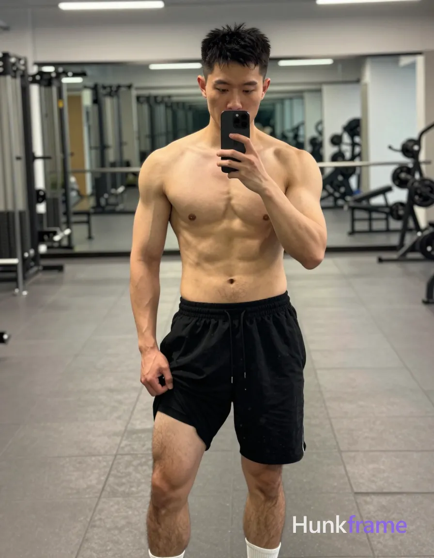 Photograph of exactly 1 adult man. Man 1: Asian, light-medium, square-jawed with defined cheekbones, black, short textured crop top length at crown tapering to nape, slightly spiky front, clean-shaven chin and jawline, minimal stubble on upper lip if any. Man 1 has fully exposed eyes, eyebrows, temples and nose bridge. Broad shoulders, defined deltoids frame a shirtless torso with visible six-pack abs. Right hand pulls up black drawstring shorts to expose inner right thigh while standing still. Black loose-fitting athletic shorts reach mid-thigh paired with white crew-length socks pulled high. Full-body vertical portrait captured via smartphone mirror selfie obscuring eyes, nose partially. Indoor gym environment features mirrored walls reflecting weight racks against neutral-toned flooring. Overhead fluorescent lighting creates even illumination highlighting abdominal definition and shoulder contours. Naturalistic fitness documentation style emphasizes confident masculinity with deliberate body exposure