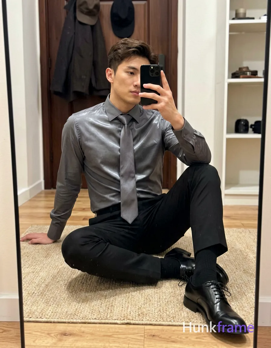 A handsome adult man with light to medium skin and short dark brown hair sits on a beige rug, left leg bent right extended; He wears a dark gray long-sleeve dress shirt buttoned up, matching tie knotted at neck, black tailored trousers, black socks, and lace-up leather shoes; Torso leans back supported by left hand while right arm raises holding a black smartphone angled toward the mirror for self-portrait capture; Full-body shot from head to feet framed vertically with slight tilt toward reflection; Centered on light wood floor; background features dark wooden door with hanging coat and cap, white shelving unit; Soft ambient indoor lighting creates gentle highlights on shirt fabric; Clean lines muted tones fashion-forward relaxed atmosphere fine-art photography dramatic yet soft lighting premium aesthetic; FULL TEXT REPLACEMENT: remove every original source word, sentence, slogan, logo, and partial spelling from the text-bearing area, then replace it with only the wordmark, spelled exactly "hunkframe" in the original compositional text position; This is replacement; Preserve appropriate typography; single clean uninterrupted photograph with a cohesive editorial composition and plain continuous surrounding surfaces