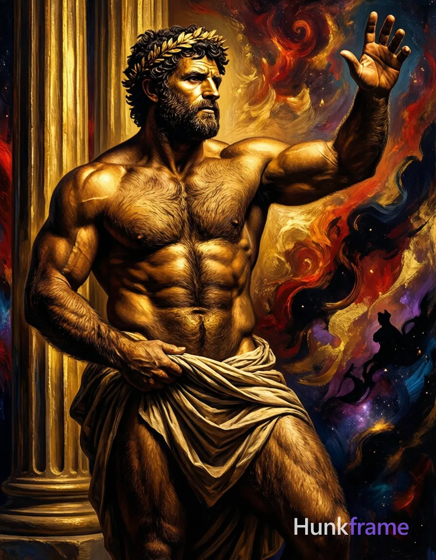 A rugged adult man with bronze-golden skin and short dark curly hair styled with a wreath-like accessory stands in contrapposto, left arm extended upward open-handed while right hand holds draped fabric at the hip. He is shirtless exposing bare chest, abdomen, shoulders, and thick thighs beneath a toga-style cloth around lower hips. His build features a sculpted torso with defined abs, broad shoulders, and dense body hair conveying bear energy against an abstract background of vertical golden columns and swirling cosmic patterns in deep reds, burnt oranges, gold/bronze tones, dark blues, purples, and black silhouettes. Dramatic directional lighting from front-left casts strong shadows on the right side creating high-contrast chiaroscuro that highlights rugged warm confidence. Textured brushwork renders a stylized classical figure in painterly style within a vertical portrait composition., a single uninterrupted photograph only, no written words or typography anywhere in frame, no captions, no app UI, no social-media post layout, no screenshot borders