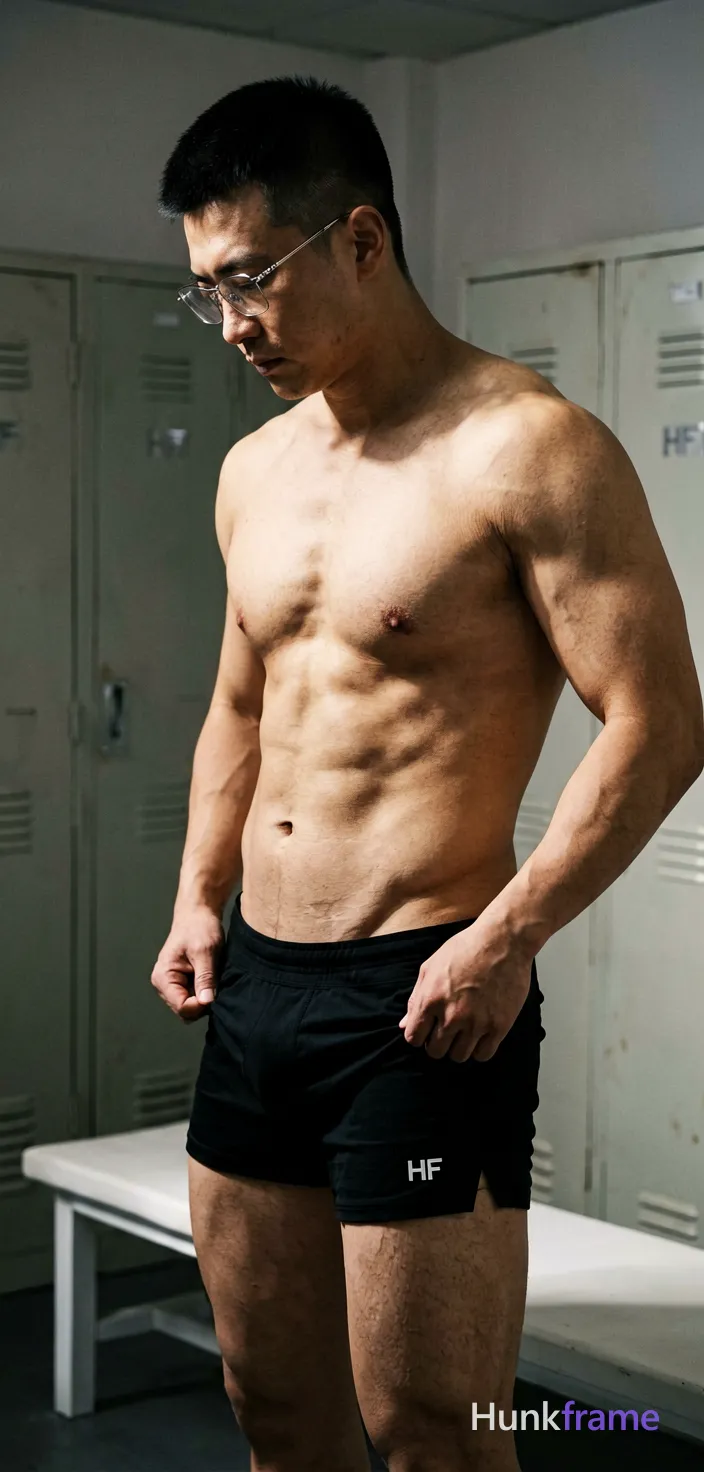 Asian adult man with short dark black high fade hair, clean-shaven face wearing thin metal frame rectangular glasses; Standing in profile facing left pulling up black athletic shorts waistband mid-thigh right side shirtless bare chest six-pack abs thick thighs visible; Indoor locker room setting background lockers white bench surface dramatic directional lighting highlighting musculature sculpted shadows premium editorial aesthetic confident masculine gaze downward focused; The adult man visibly wears thin metal frame glasses worn on the face; clear lenses with no tint; rectangular to slightly rounded shape on his face; preserve the exact frame shape, rim style, color, material, and lens tint; FULL GARMENT TEXT REPLACEMENT: remove every source garment word, sentence, slogan, logo, and partial brand spelling from every existing print area, then replace those source marks with only the wordmark, spelled exactly "HF"; This is replacement, Repeated "HF" marks are allowed only where the source garment already had printed text; preserve appropriate placement, typography, color, and scale; No other visible text, logo, caption, username; single clean uninterrupted photograph with a cohesive editorial composition and plain continuous surrounding surfaces